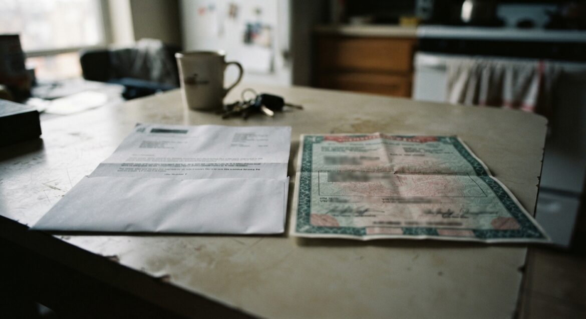 a car loan default letter next to a vehicle title document