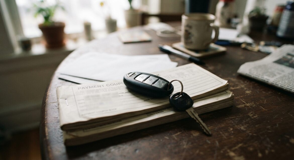 a car key resting on a loan payment coupon book