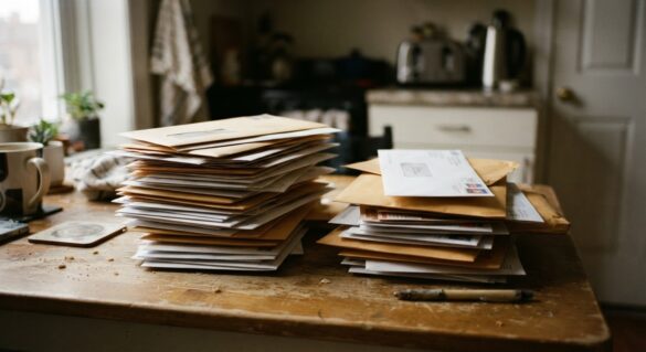 a pile of unopened bills sorted into two stacks