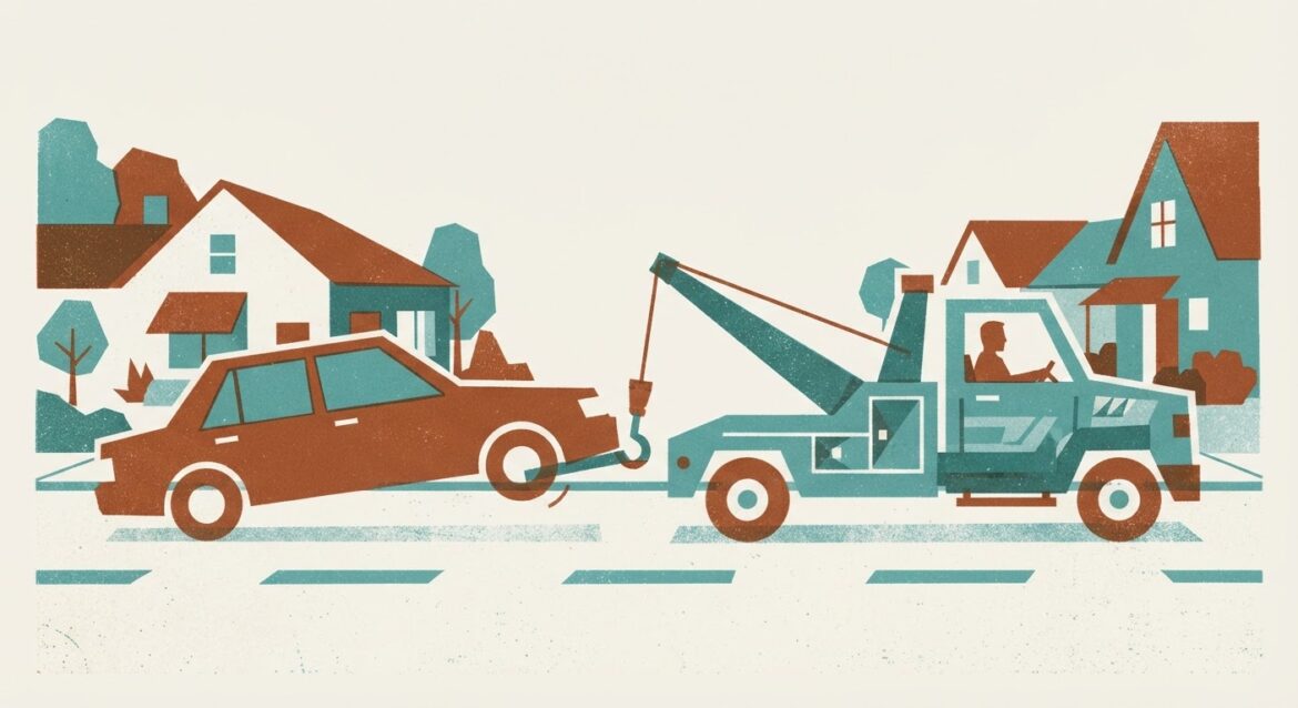a tow truck hooking up to a sedan on a residential street