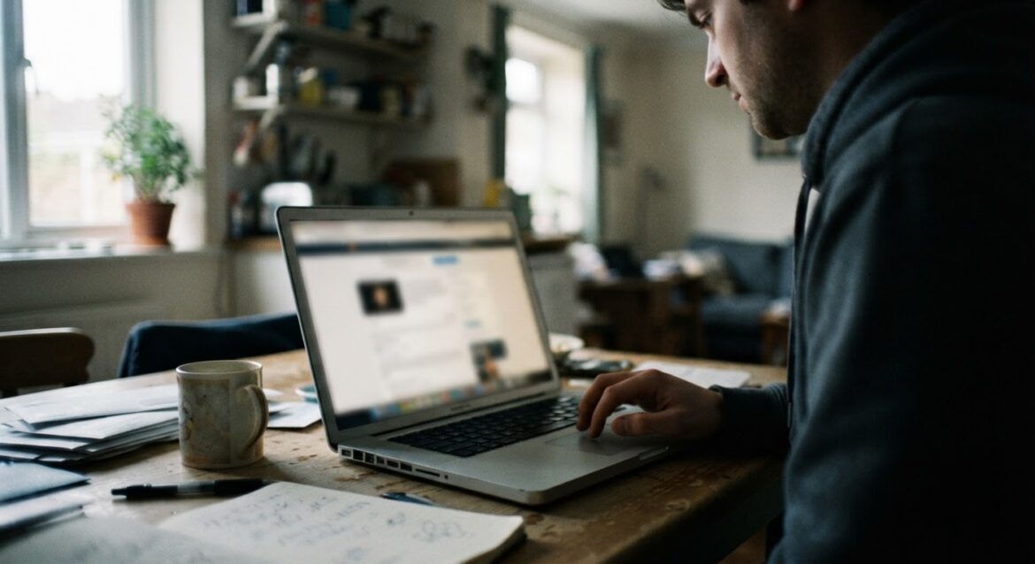 a laptop open to an unemployment claim status page, screen blurred