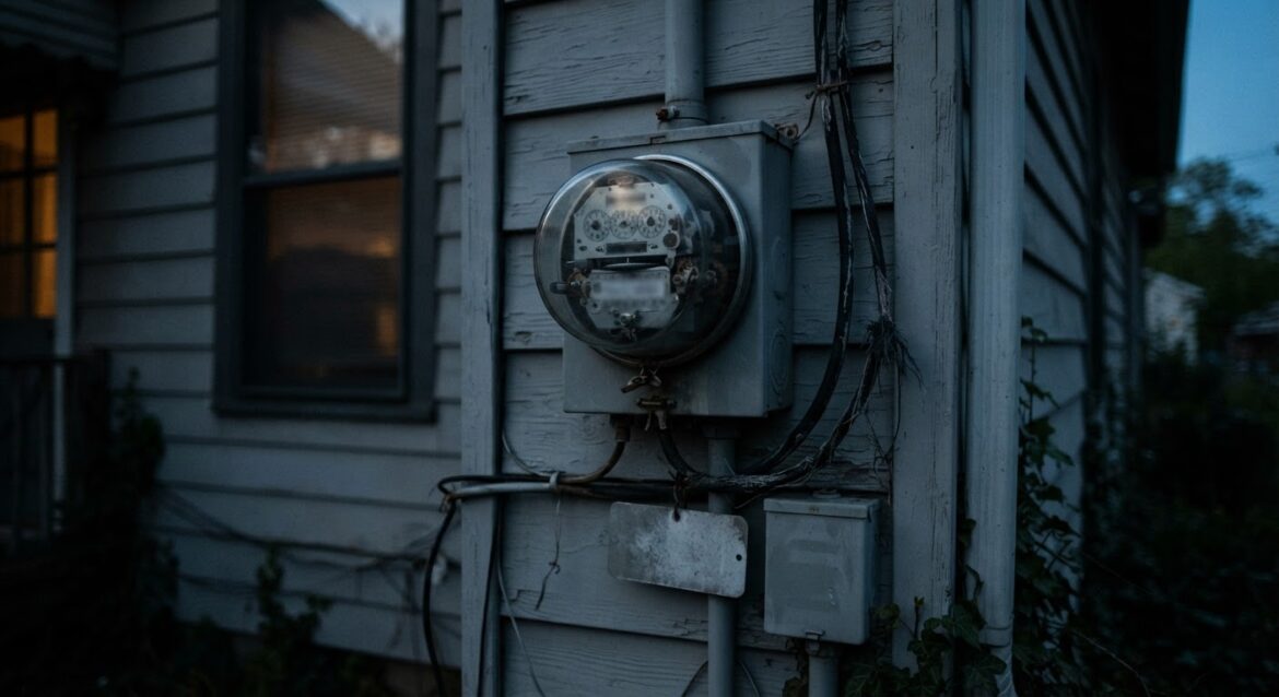 an electric meter on the side of a house at dusk