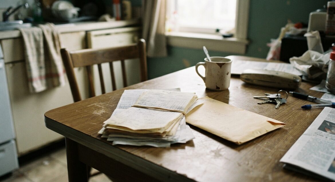 a stack of rent receipts and an envelope on a kitchen table