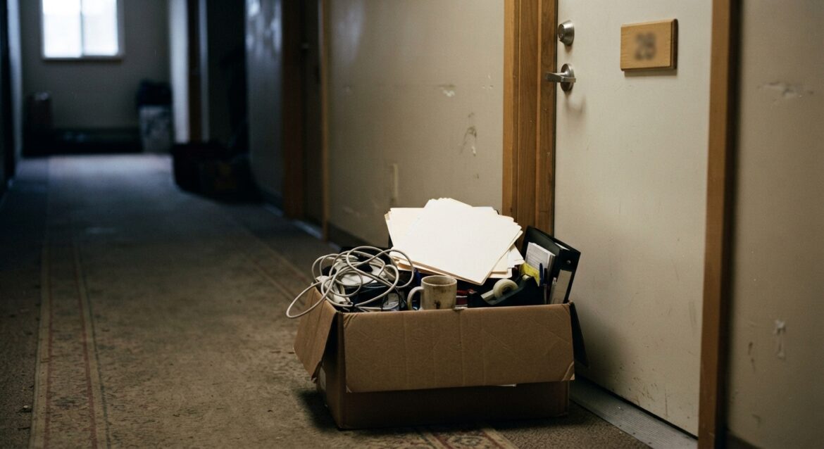 a cardboard box of desk belongings by an office door
