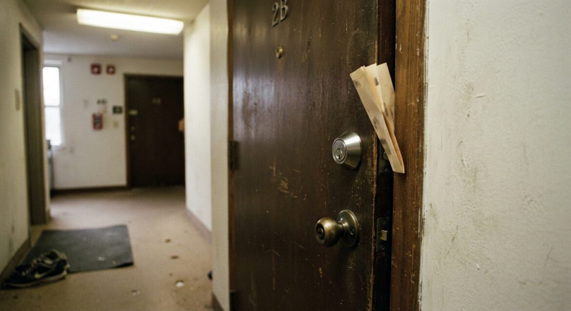 a residential front door with a new deadbolt and a folded notice wedged in the frame