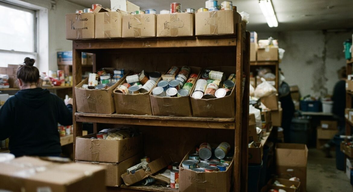 boxes of canned goods on a food pantry shelf