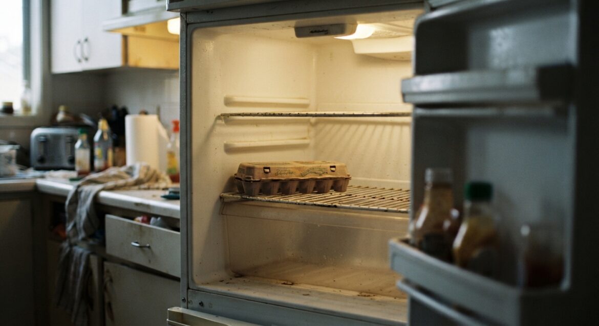 an empty refrigerator with a single carton inside