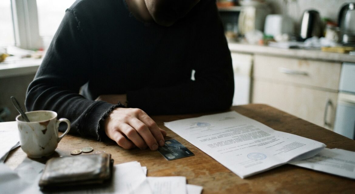 a person looking at a declined bank card next to a court judgment letter