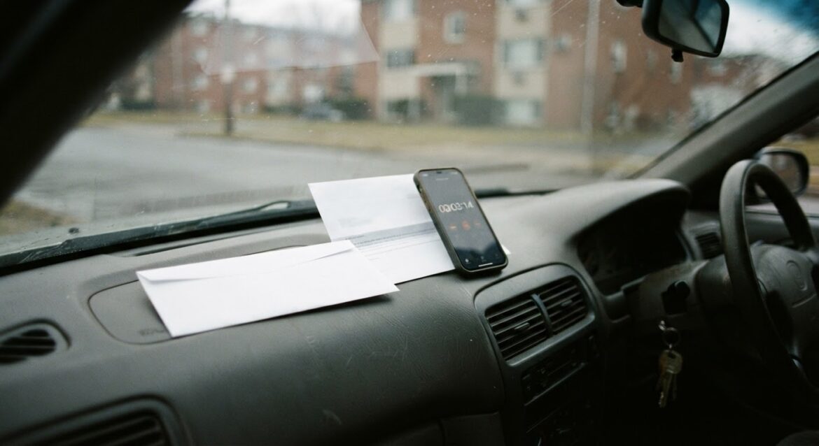 a car insurance cancellation letter on a dashboard with a phone showing a countdown timer