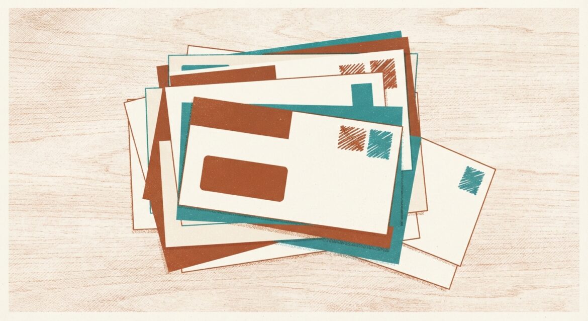 A stack of unopened certified letters and notices on a kitchen table