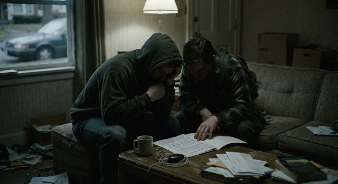 Two people looking concerned at a car loan document near a repossessed vehicle