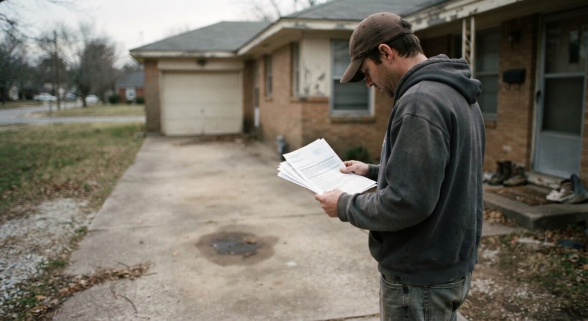 a person reviewing a deficiency balance letter next to an empty driveway where a car used to be parked