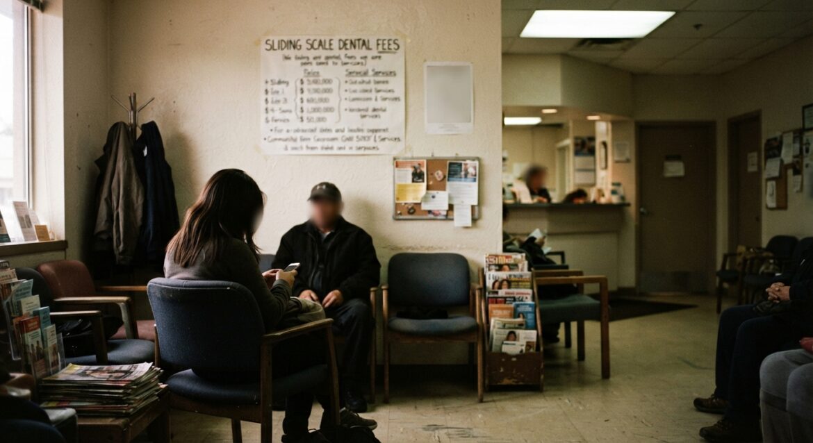 a community dental clinic waiting room with a sliding-scale fee sign on the wall