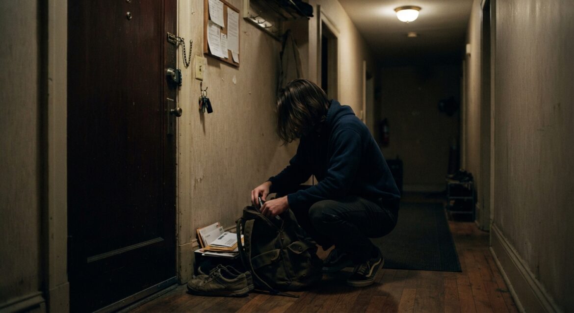A person quietly packing a small bag in a dim apartment hallway near a front door