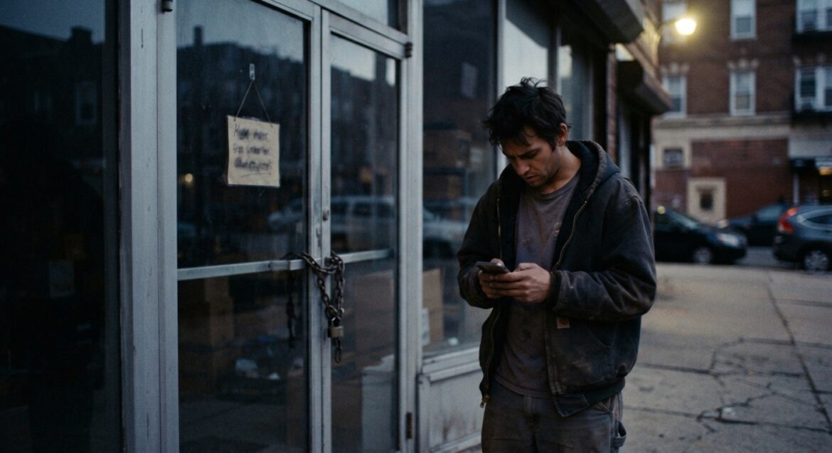 A locked storefront with a closed sign and a worker outside checking their phone, looking concerned