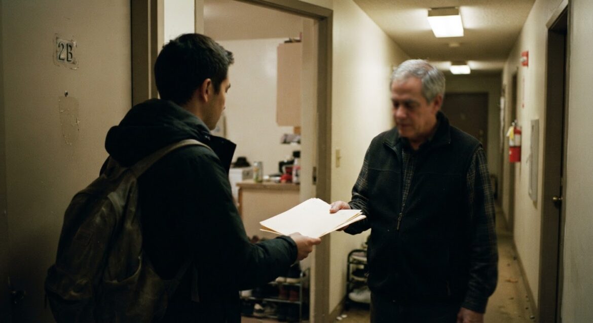 A person handing over rental application papers to a landlord at an apartment door