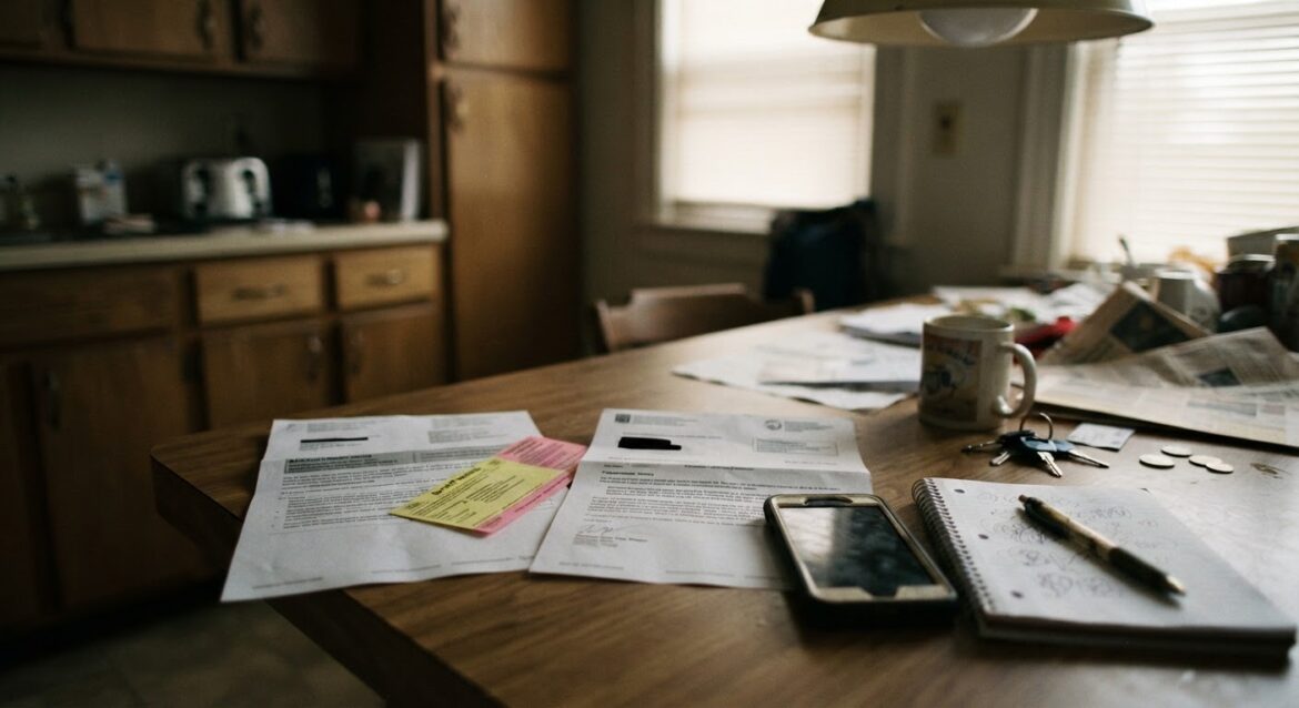 a kitchen table covered with an eviction notice, a shutoff warning, and a repossession letter next to a phone and notepad