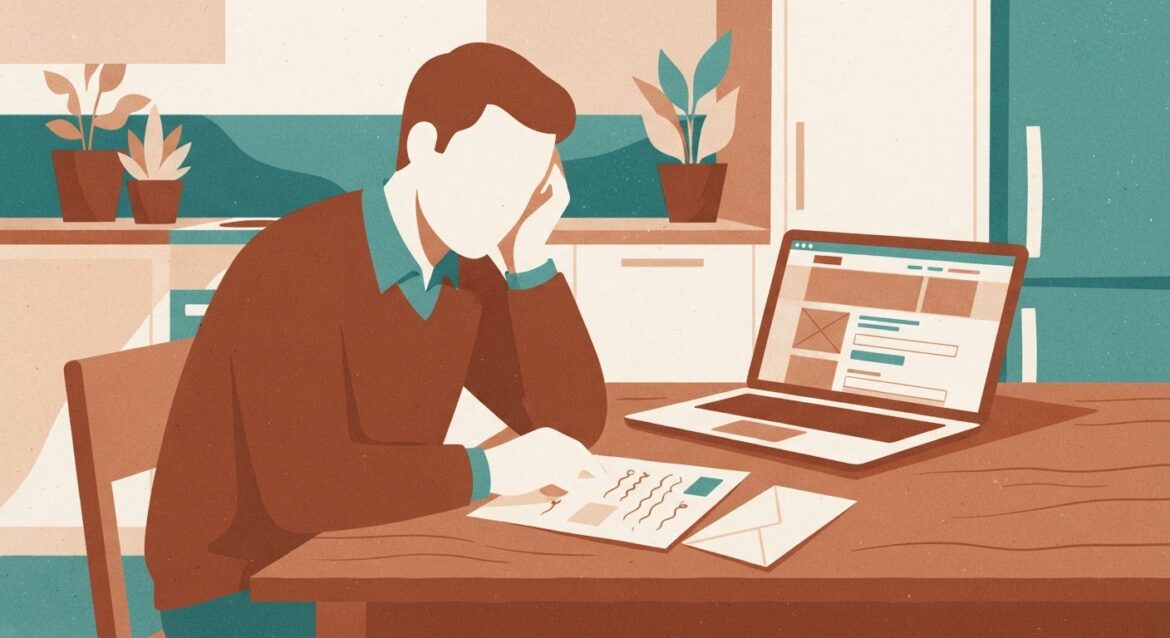 A person reviewing a termination letter at a kitchen table with a laptop open to an unemployment filing page
