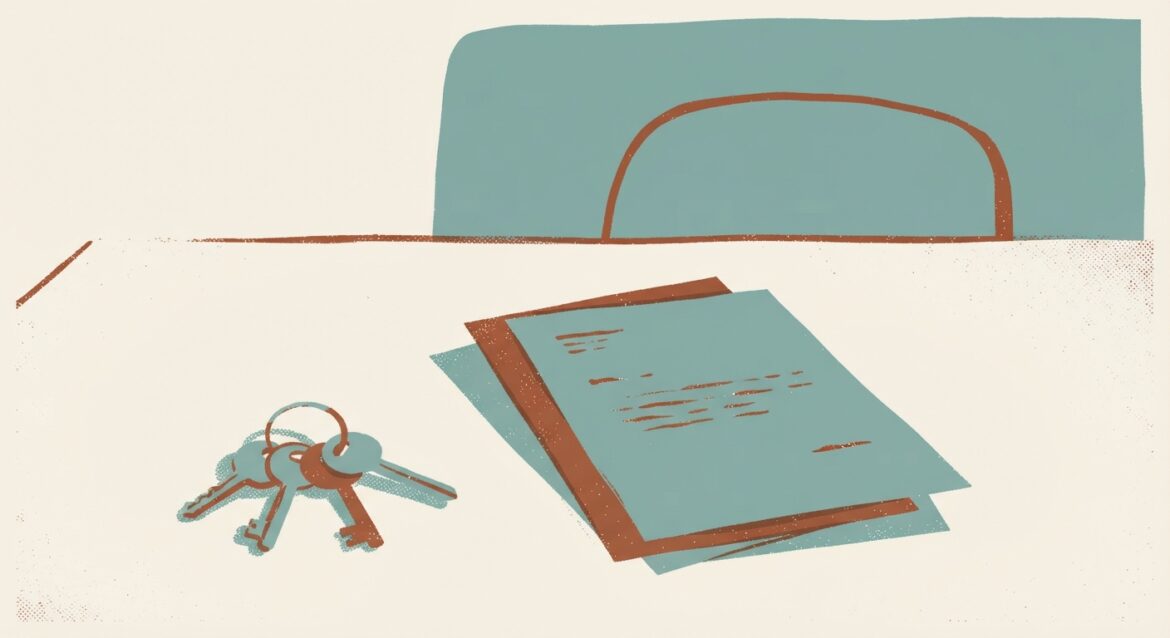 a foreclosure notice letter next to house keys on a kitchen table