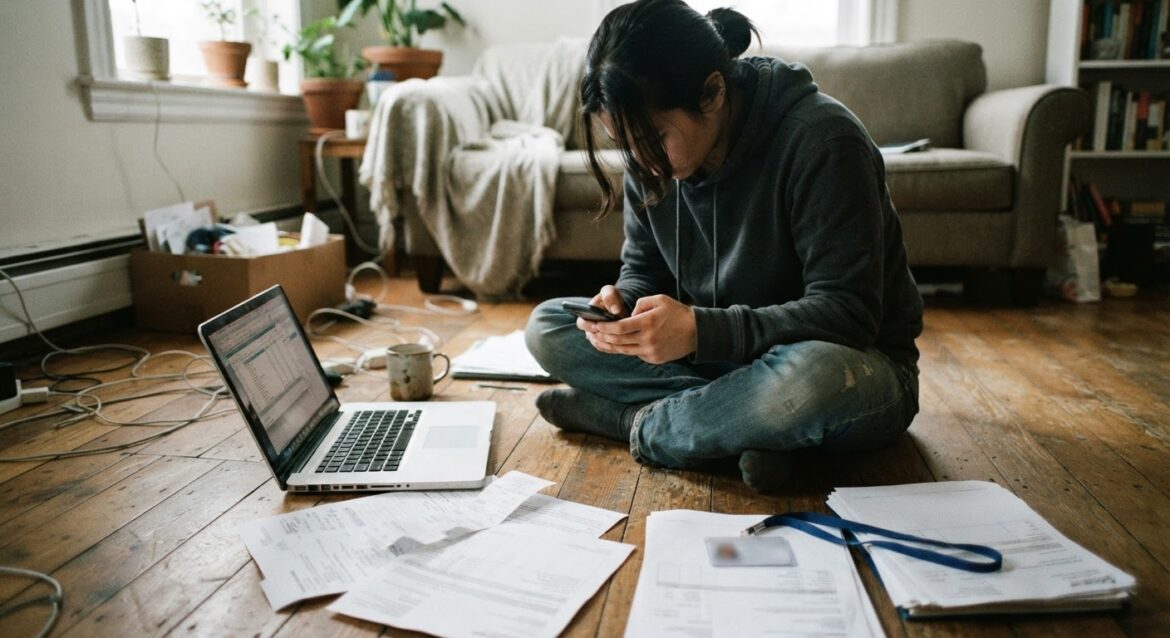 A freelancer sitting on the floor surrounded by laptop, invoices, and a rideshare driver lanyard, looking at a phone