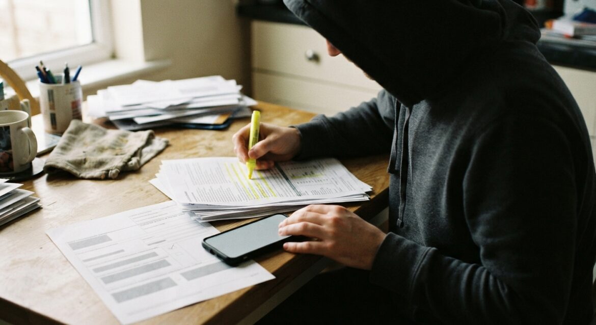 a person highlighting charges on a medical bill with a phone and a federal complaint form nearby