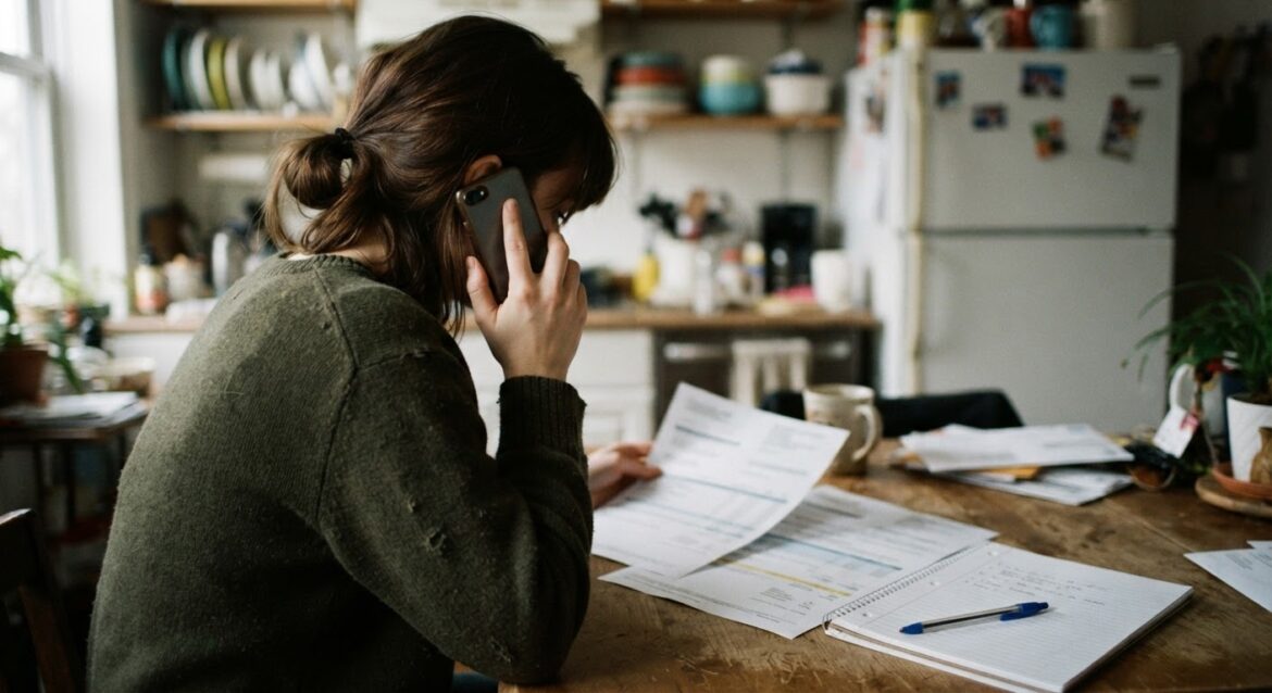 A person on the phone reviewing a hospital billing statement with a pen and notepad on the table
