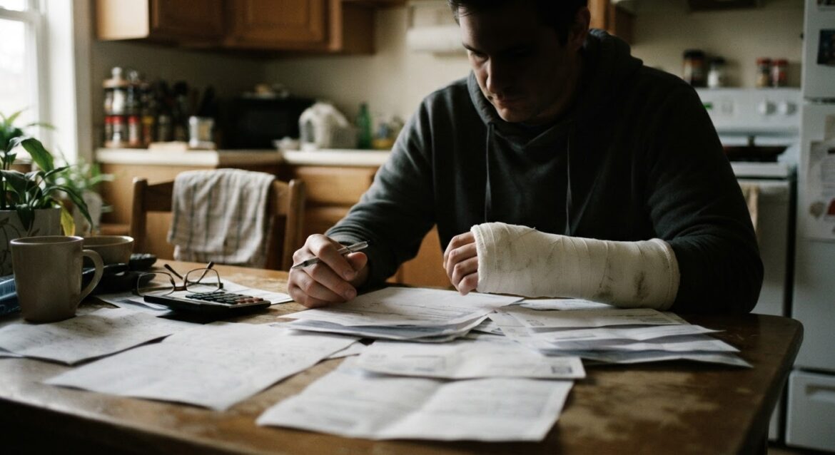 A person with an arm in a cast reviewing paperwork and bills at a kitchen table