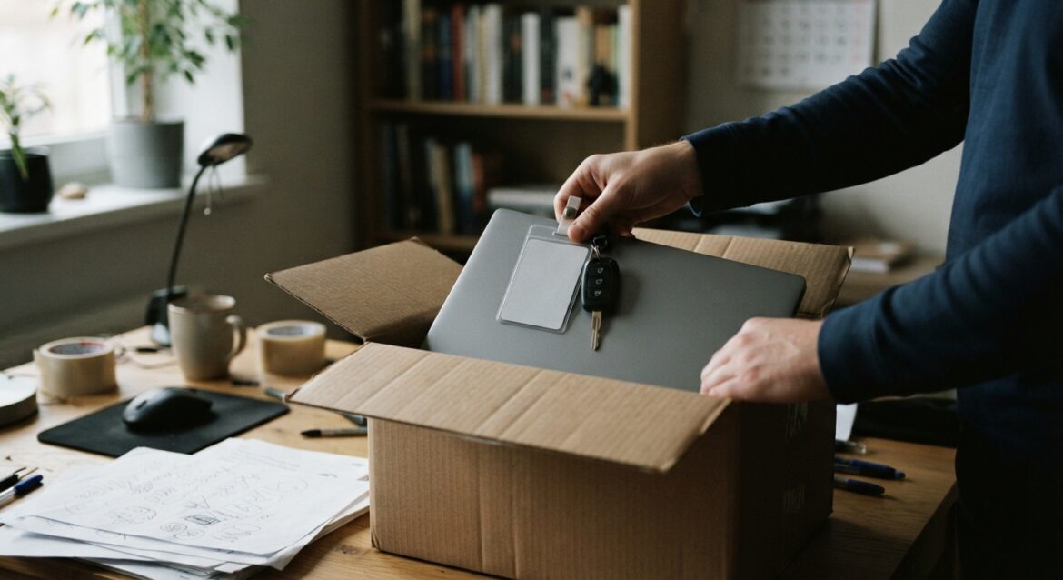 a company laptop, ID badge, and car key being packed into a box on a desk