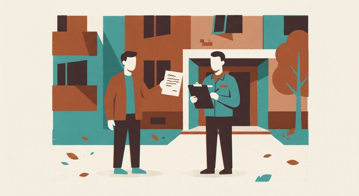A tenant showing a shutoff notice to a utility company representative outside an apartment building