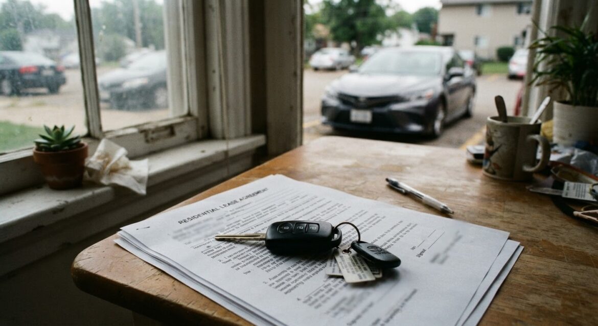 A car key resting on a lease agreement document with a vehicle visible through a window in the background