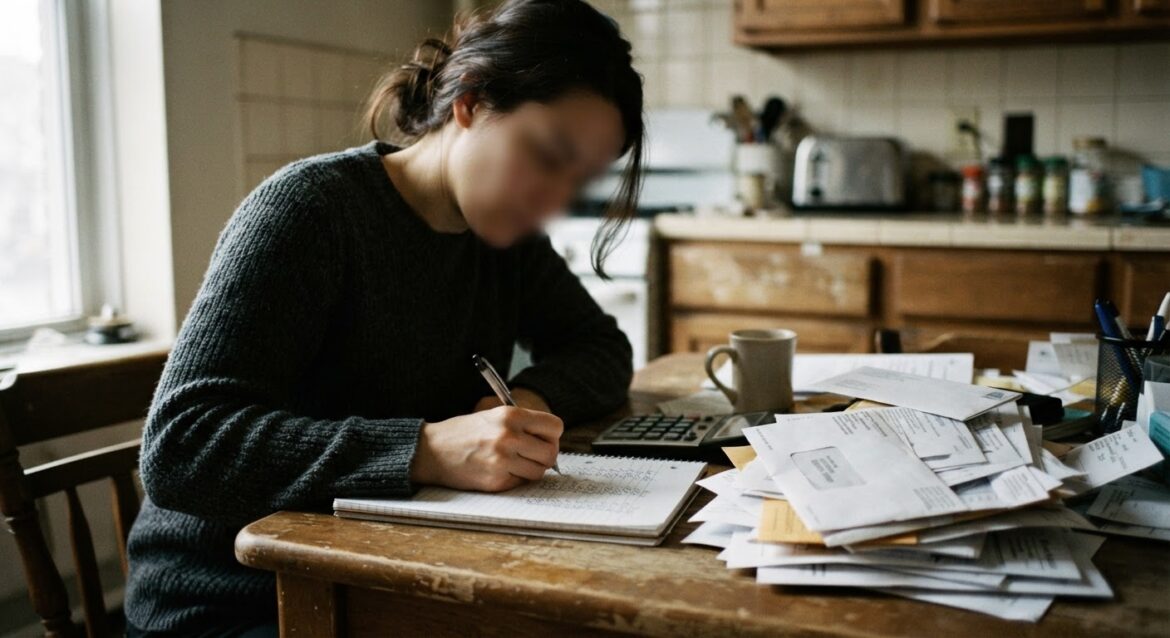 A person calculating numbers on a notepad next to a stack of medical collection letters