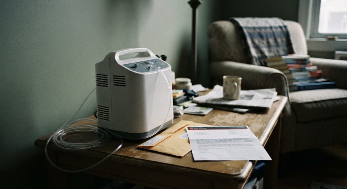 A home oxygen concentrator machine next to a utility disconnect notice on a table
