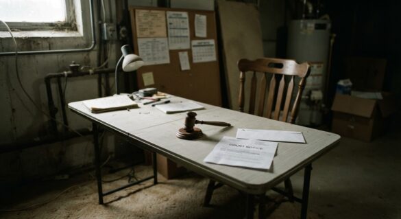 An empty courtroom bench with a gavel and a missed court notice on the table