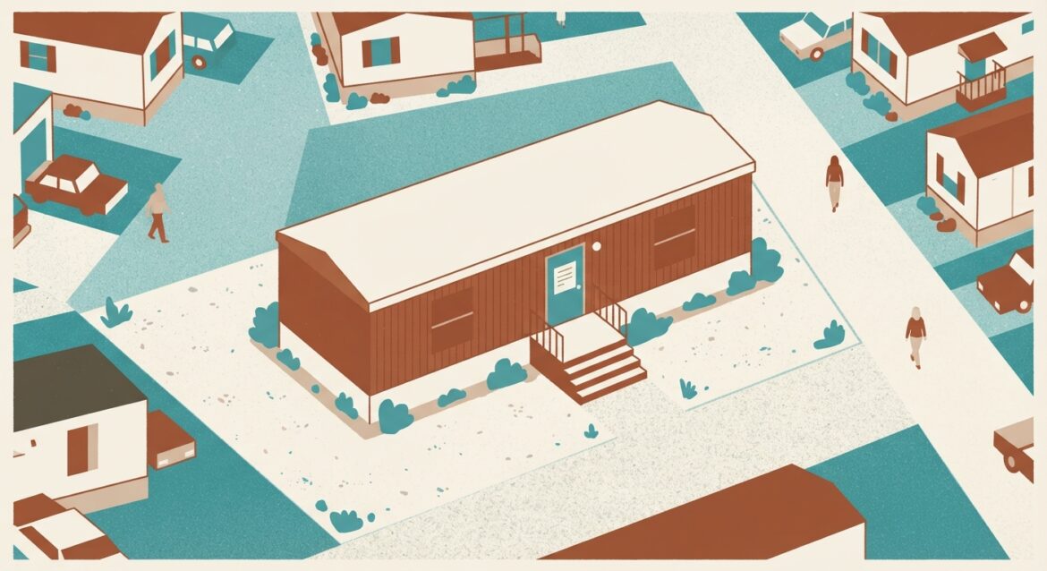 A manufactured home in a mobile home park with a notice posted on the door