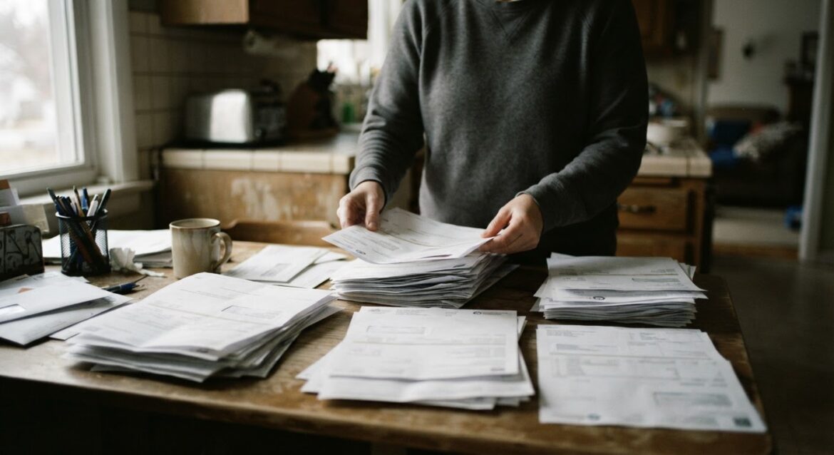A kitchen table covered with several separate hospital billing statements being sorted into piles