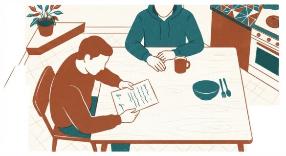 A person reading an eviction notice at a kitchen table, looking uncertain, with a roommate in the background
