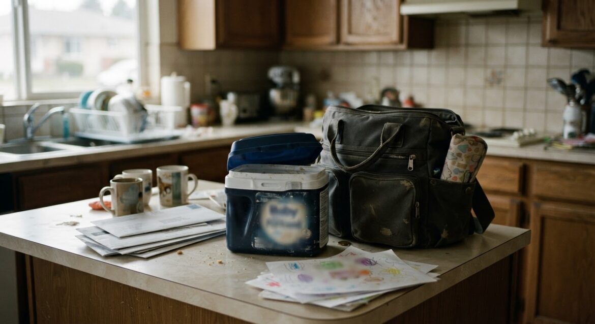 an empty baby formula container next to a diaper bag on a counter