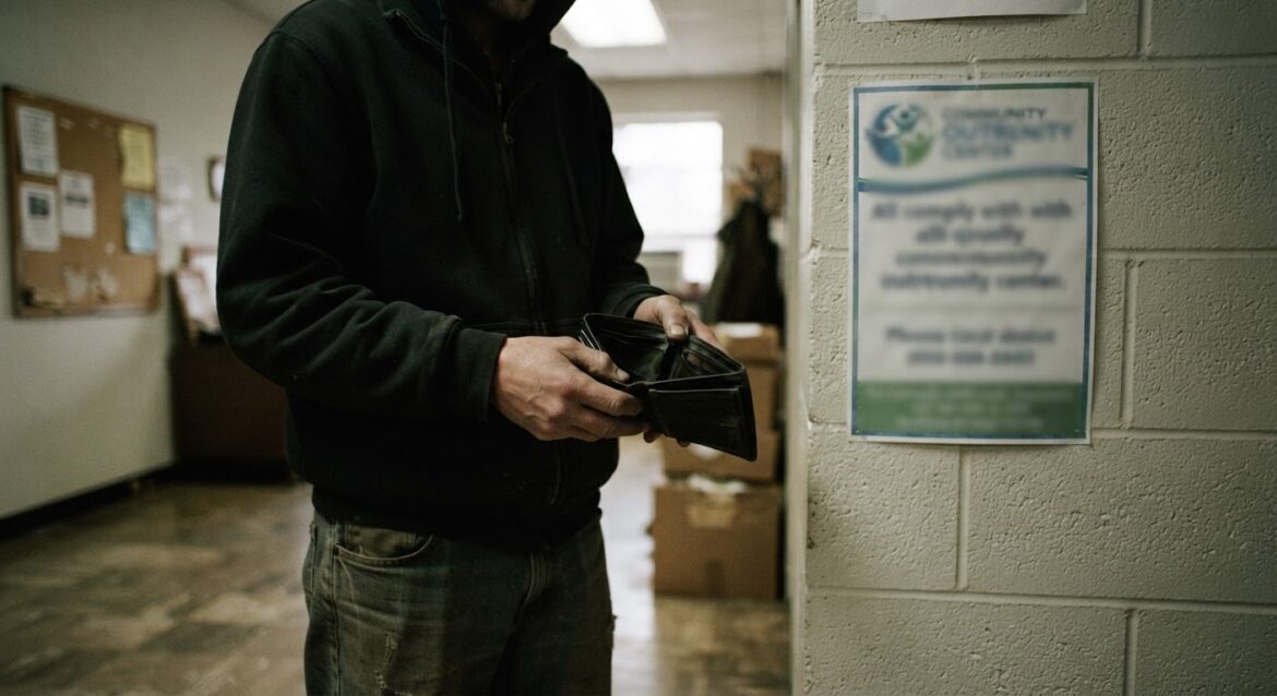 a person holding an empty wallet next to a community outreach center sign offering food and assistance
