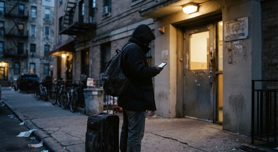 A person with a suitcase standing outside a shelter entrance at dusk, looking at a phone for directions