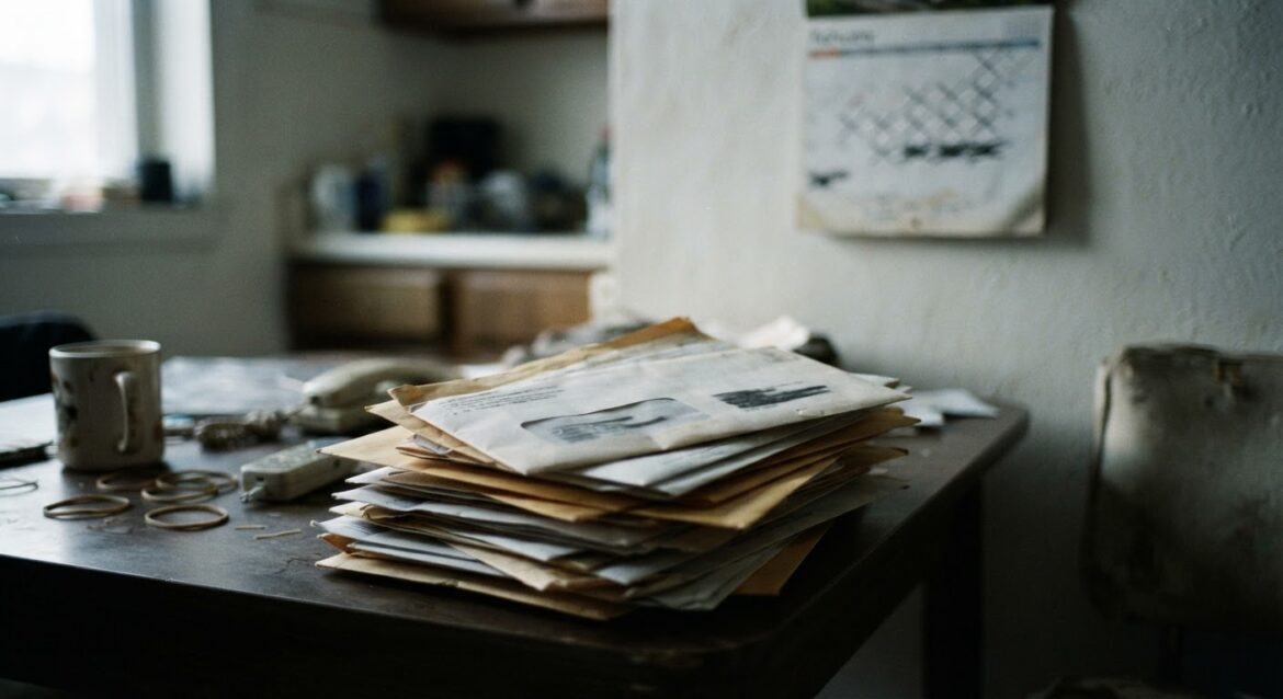 A stack of old collection letters with a calendar in the background marking years passed