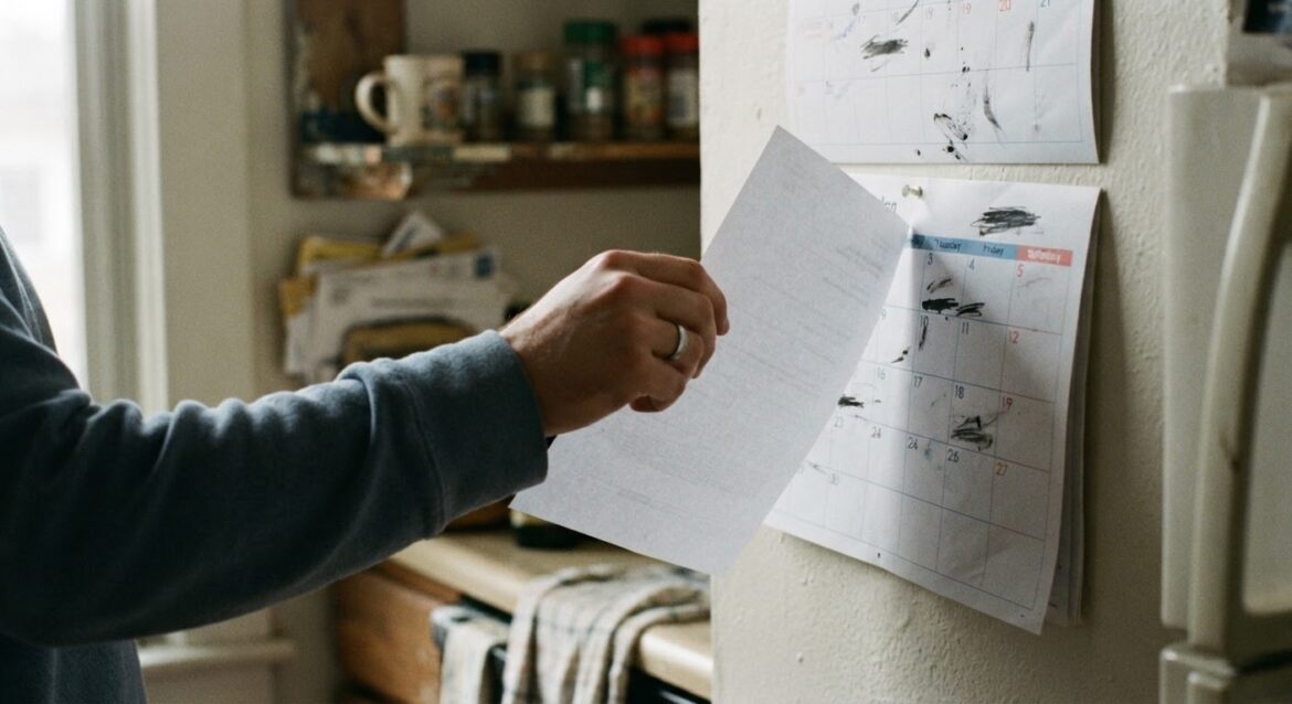 a hand holding a rent payment notice near a calendar