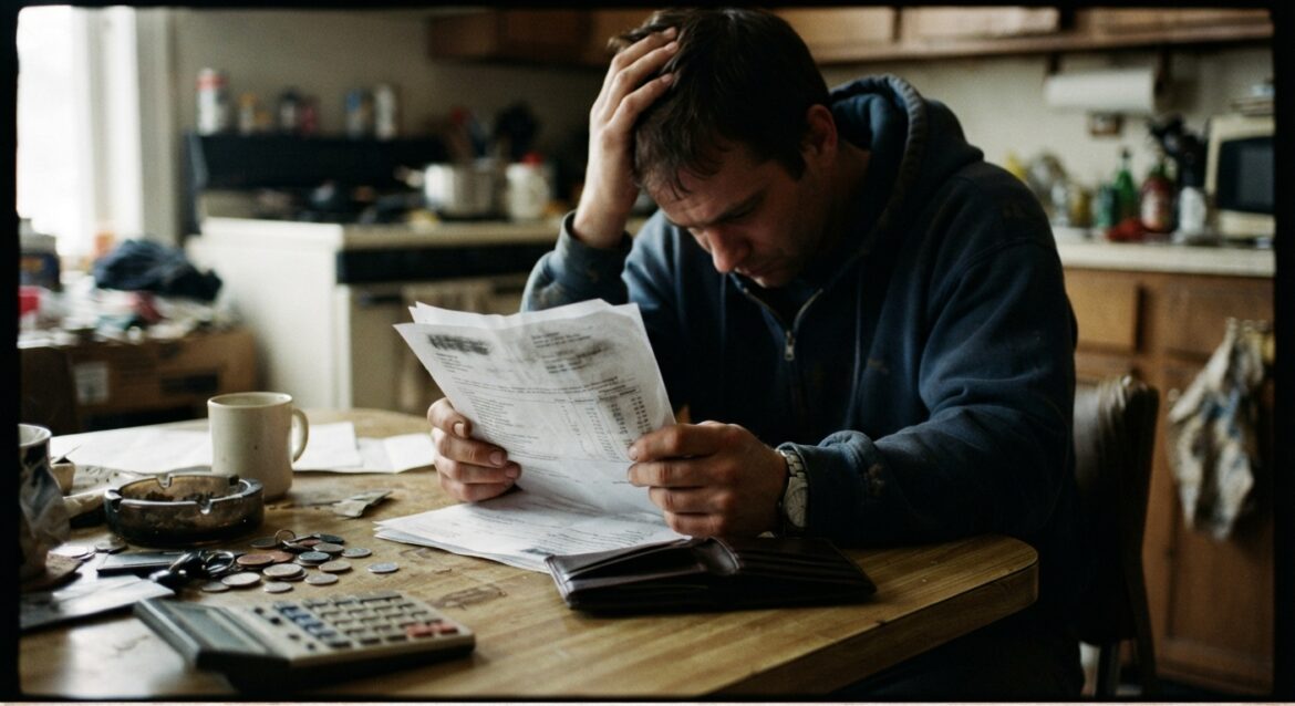 A stressed person holding a payday loan agreement next to an empty wallet on a table