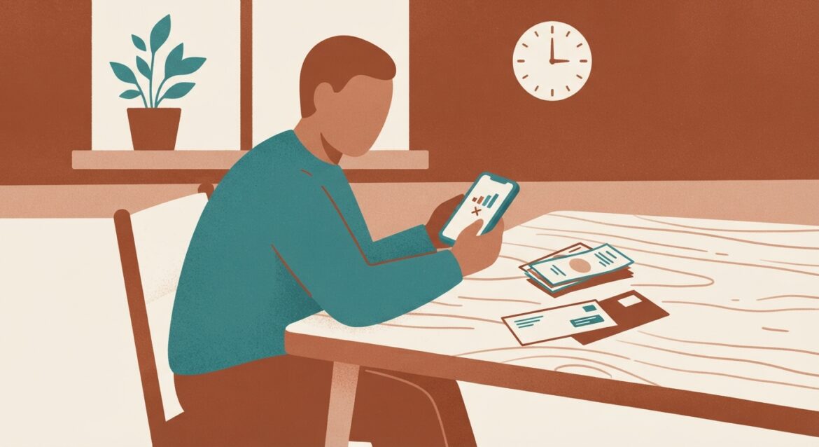A person on a smartphone screen showing a low-signal or disconnected warning, sitting at a kitchen table with bills nearby