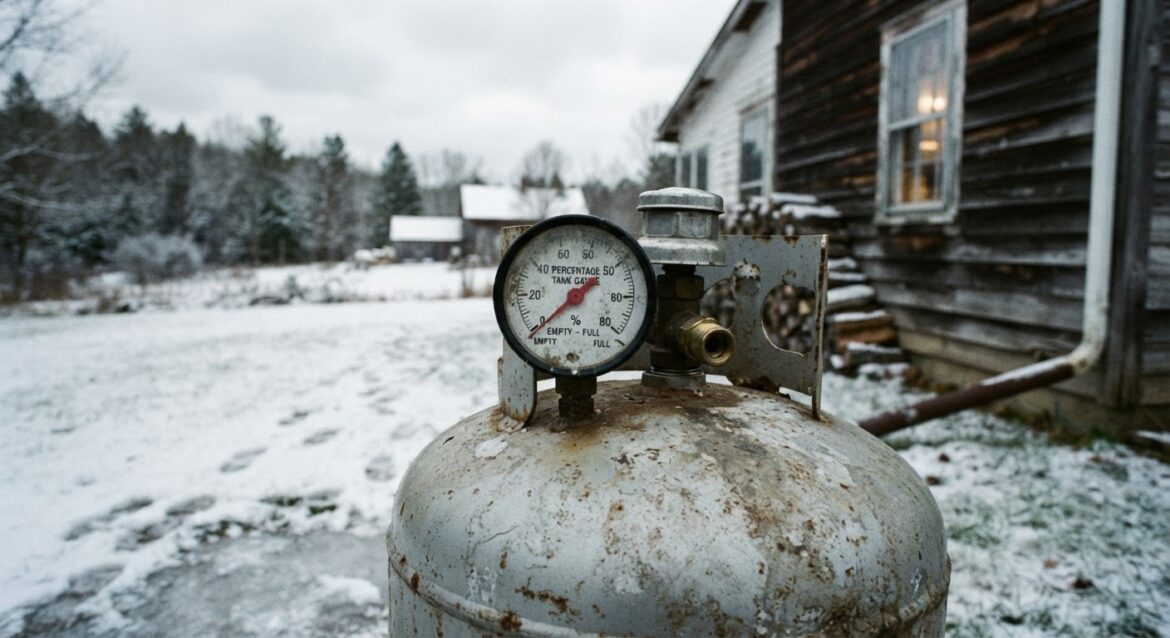 an empty propane tank gauge reading zero outside a rural home in winter