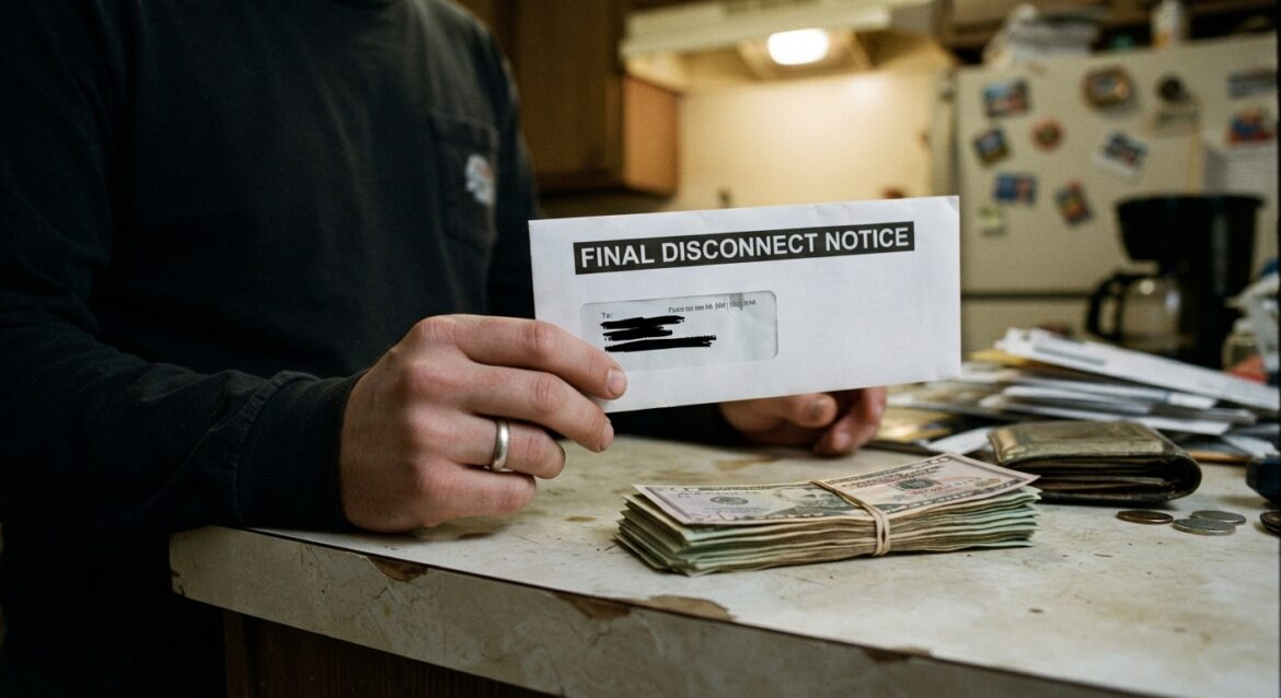 A hand holding a utility disconnect notice next to a stack of cash on a counter