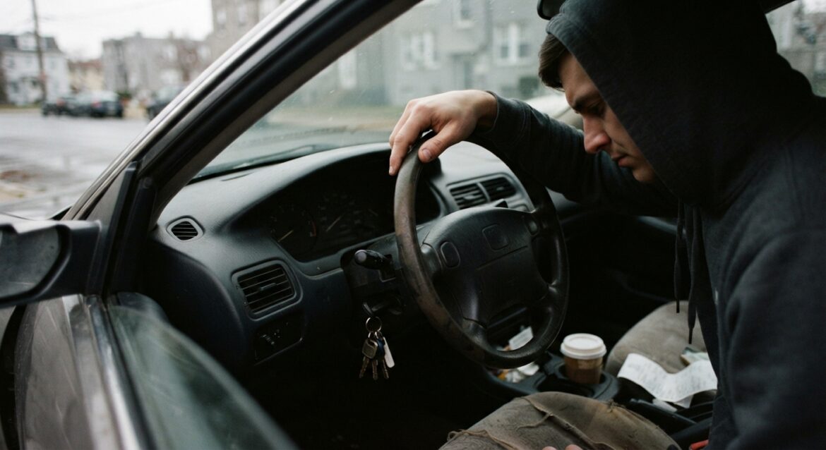 A driver looking frustrated at a dead dashboard while sitting in a parked car on the roadside