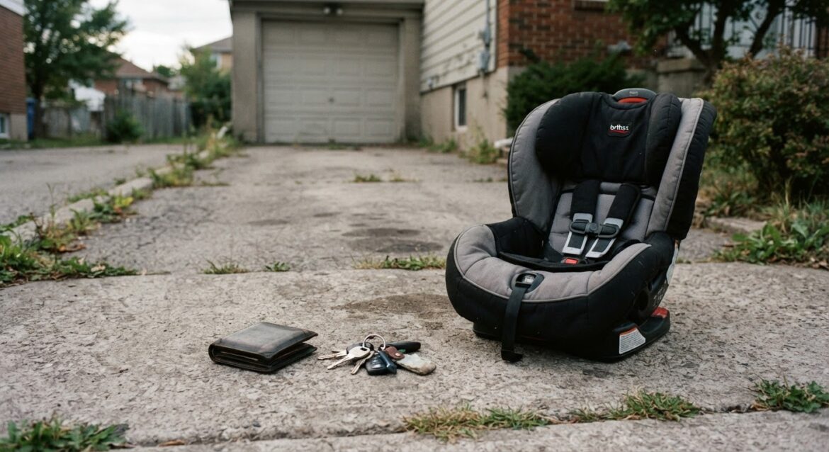 a wallet, keys, and a child's car seat left behind on an empty driveway where a car used to be parked