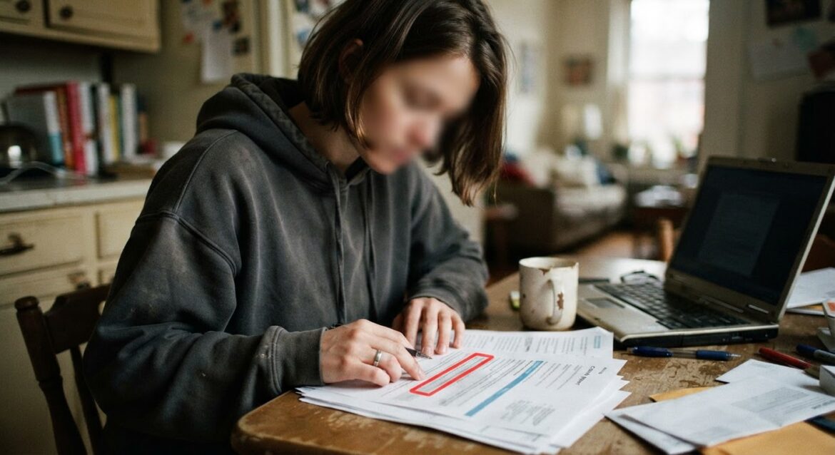 A person reviewing a printed credit report with a red 'repossession' notation highlighted, sitting at a desk