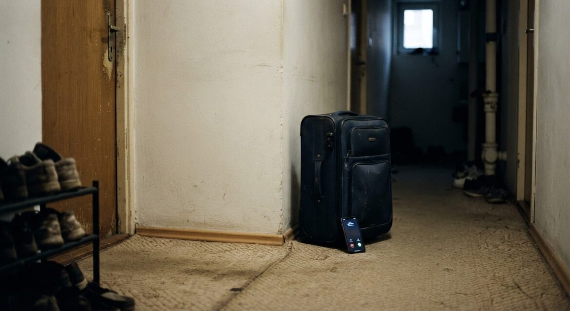 An empty parking space with a suitcase and a phone showing a missed call notification