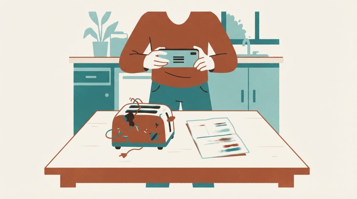 A tenant photographing a broken appliance and an eviction notice side by side on a kitchen table